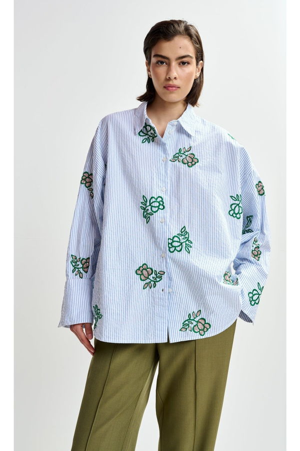 Essentiel Antwerp Jalinki Embroidered Shirt - Off White / Light Blue / Green