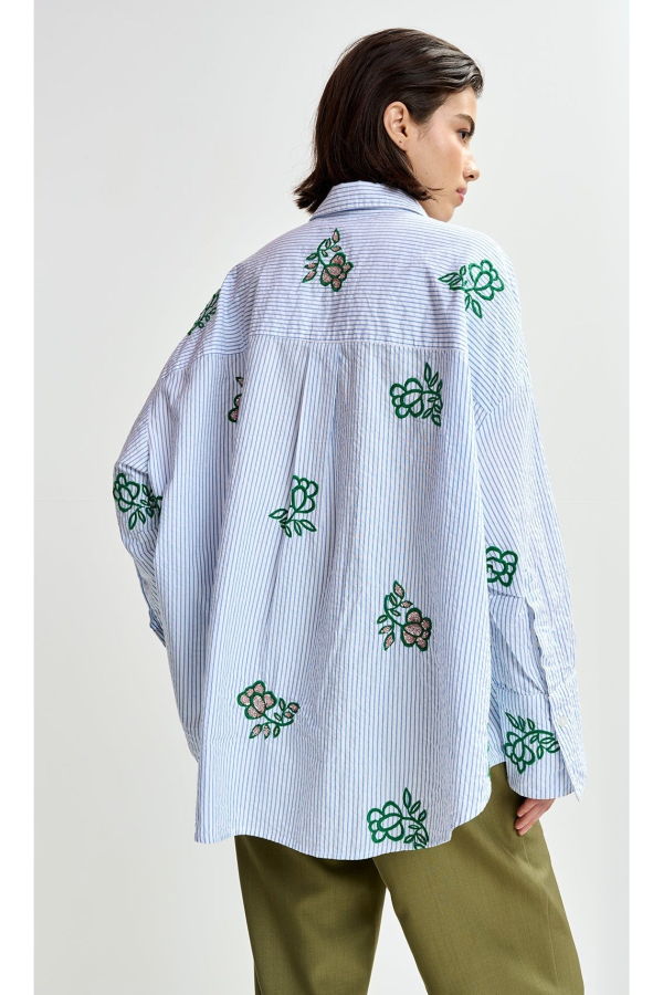 Essentiel Antwerp Jalinki Embroidered Shirt - Off White / Light Blue / Green