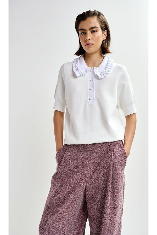 Essentiel Antwerp Jewelry Embroidered Knit Polo - White