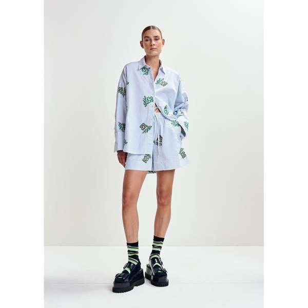 Essentiel Antwerp Juste Embroidered Mini Shorts - Off-White/Light Blue/Green