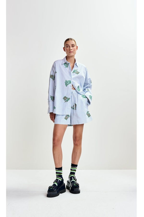 Essentiel Antwerp Juste Embroidered Mini Shorts - Off-White/Light Blue/Green