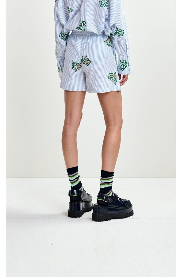 Essentiel Antwerp Juste Embroidered Mini Shorts - Off-White/Light Blue/Green