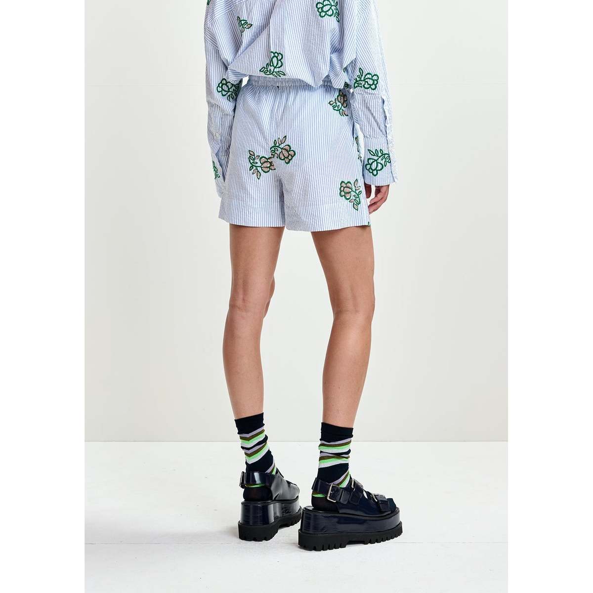 Essentiel Antwerp Juste Embroidered Mini Shorts - Off-White/Light Blue/Green - Image 2 of 6