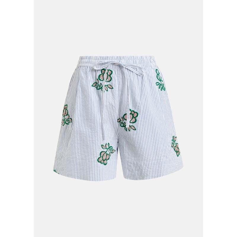 Essentiel Antwerp Juste Embroidered Mini Shorts - Off-White/Light Blue/Green