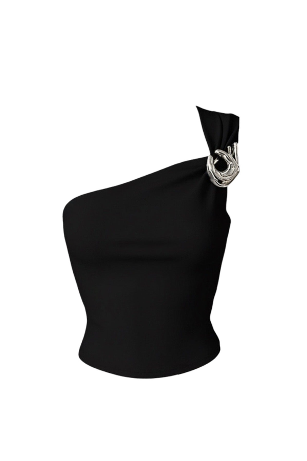 London Atelier Byproduct One-Shoulder Top With Brooch