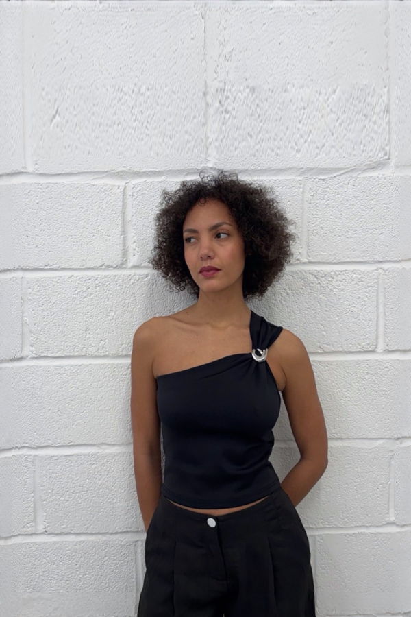 London Atelier Byproduct One-Shoulder Top With Brooch
