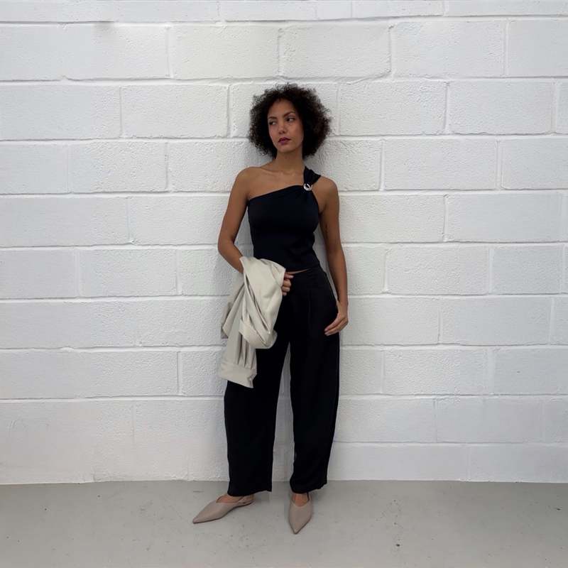 London Atelier Byproduct One-Shoulder Top With Brooch