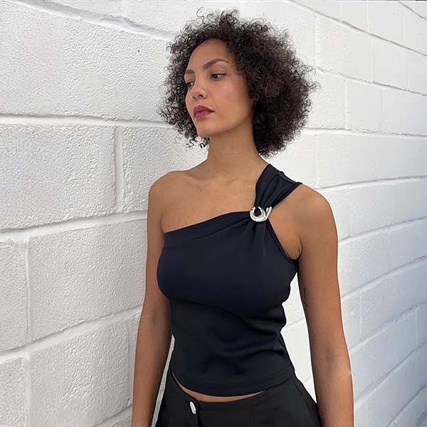London Atelier Byproduct One-Shoulder Top With Brooch