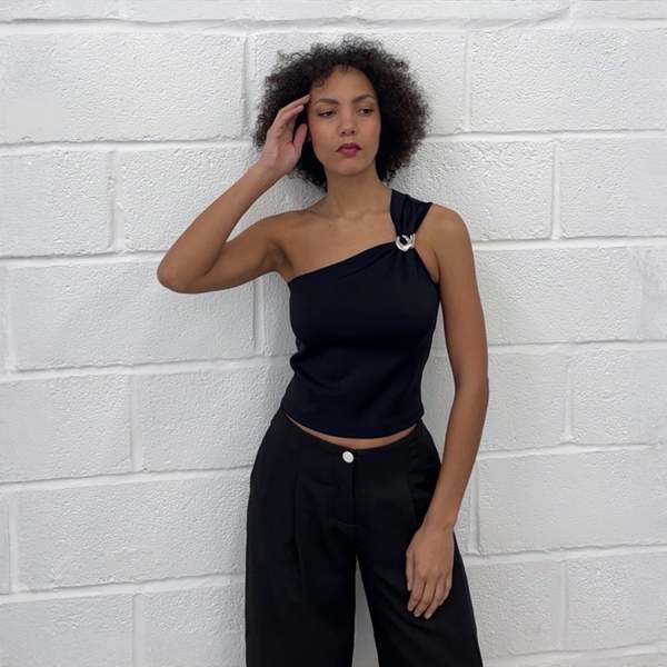 London Atelier Byproduct One-Shoulder Top With Brooch