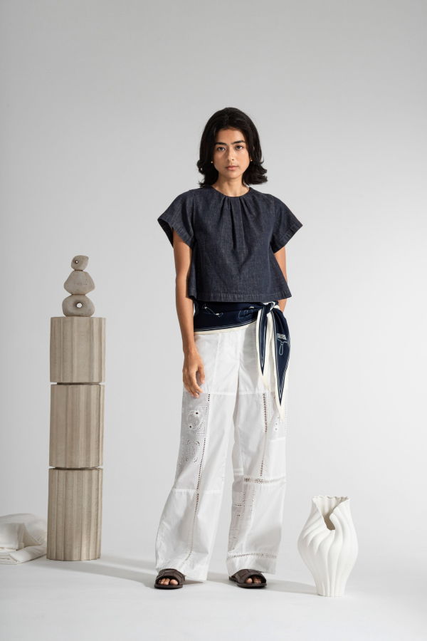 Future Classics Gathered Neck Denim Top - Dk Indigo