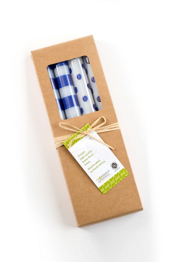 Thumbprint Artifacts Blue Dots & Stripes Gift Box of 4 Taper Candles