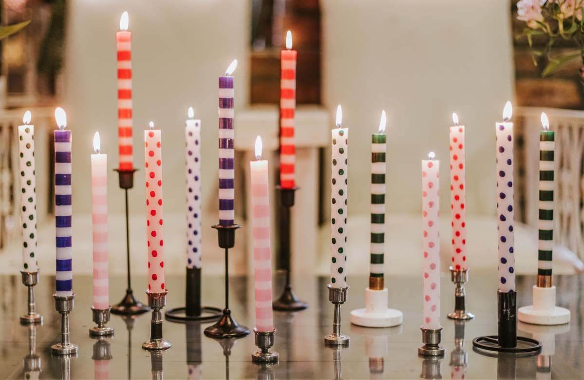 Thumbprint Artifacts Blue Dots & Stripes Gift Box of 4 Taper Candles - Image 3 of 4