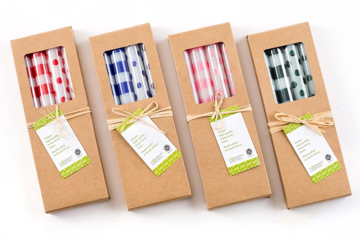 Thumbprint Artifacts Blue Dots & Stripes Gift Box of 4 Taper Candles - Image 4 of 4