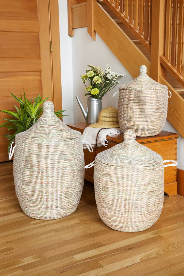 African Modern Set of 3 Solid White Hampers