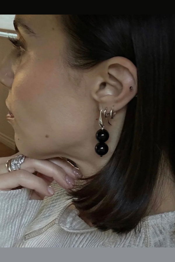 Sea + Pattern Teardrop Onyx Earrings - Black