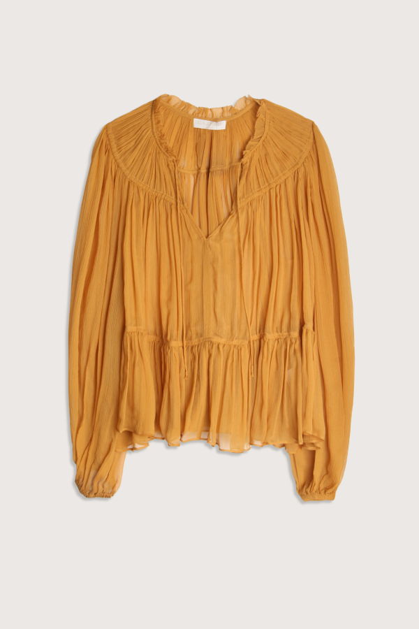 Ulla Johnson Leandra Silk Crinkle Solid Blouse - Ochre