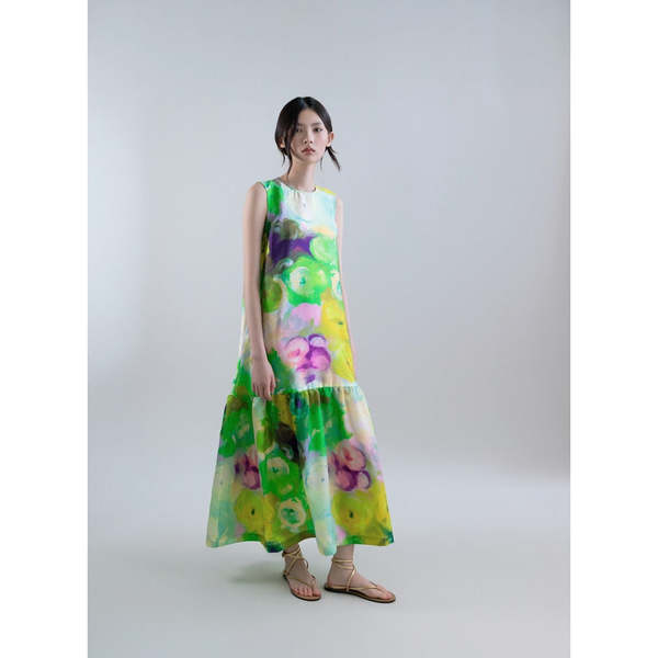 Psophia Bloomlight Print Sleeveless Long Dress with Tie Neck - Green