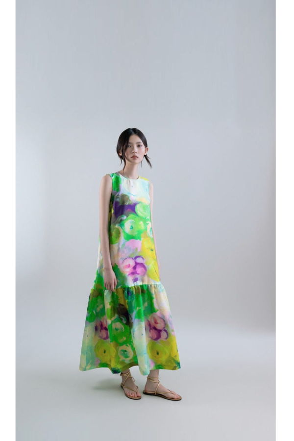 Psophia Bloomlight Print Sleeveless Long Dress with Tie Neck - Green