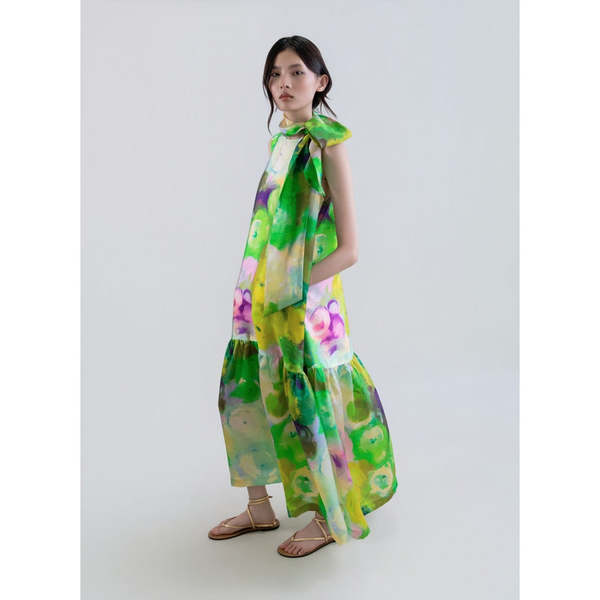 Psophia Bloomlight Print Sleeveless Long Dress with Tie Neck - Green