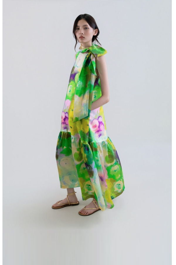 Psophia Bloomlight Print Sleeveless Long Dress with Tie Neck - Green