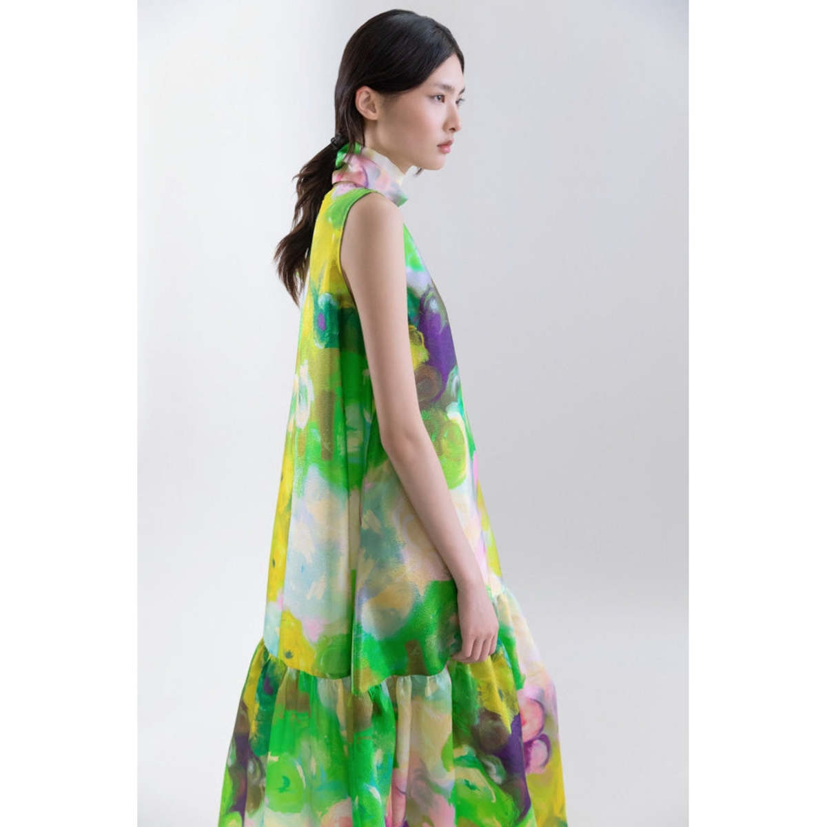 Psophia Bloomlight Print Sleeveless Long Dress with Tie Neck - Green - Image 3 of 3