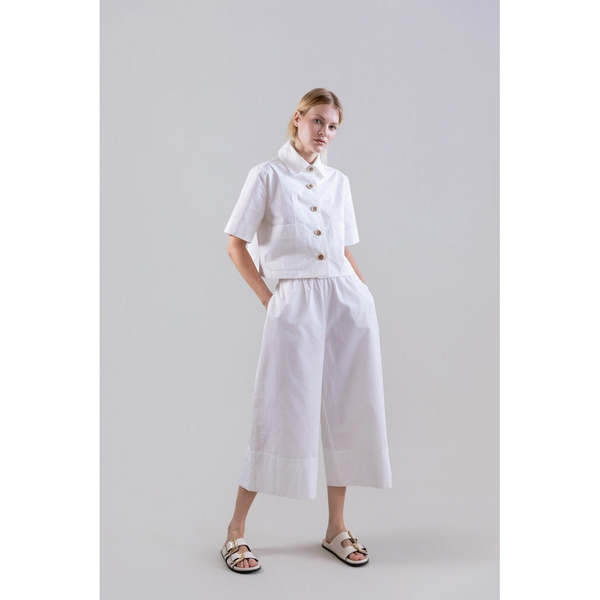 Psophia Bouton & Brume Elastic-Waist Cotton Palazzo Pants - White