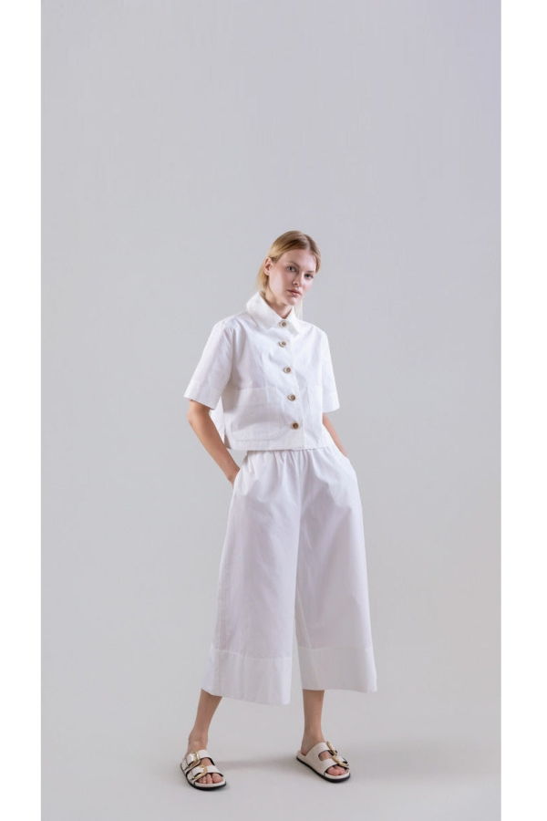 Psophia Bouton & Brume Elastic-Waist Cotton Palazzo Pants - White