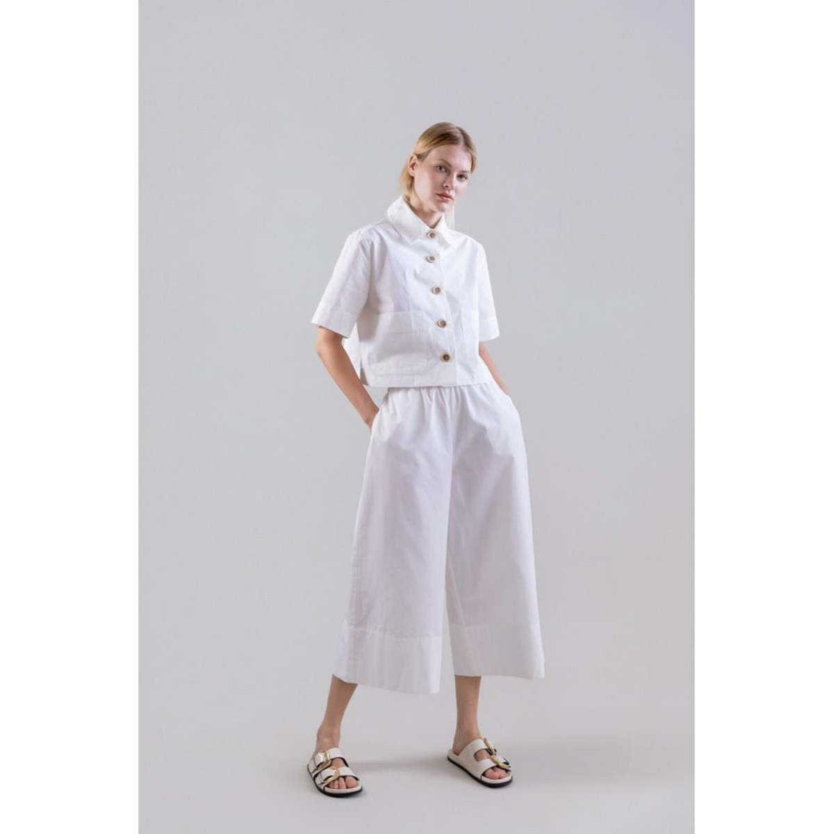 Psophia Bouton & Brume Elastic-Waist Cotton Palazzo Pants - White - Image 1 of 4