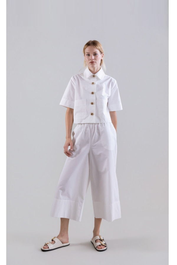 Psophia Bouton & Brume Elastic-Waist Cotton Palazzo Pants - White