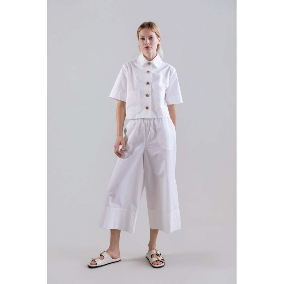 Psophia Bouton & Brume Elastic-Waist Cotton Palazzo Pants - White - Image 2 of 4