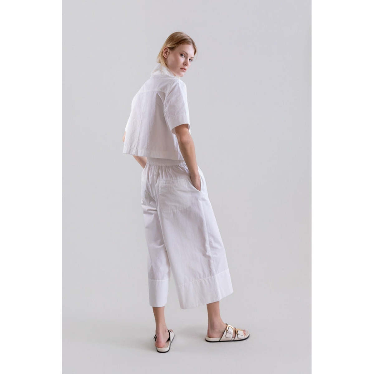 Psophia Bouton & Brume Elastic-Waist Cotton Palazzo Pants - White - Image 4 of 4