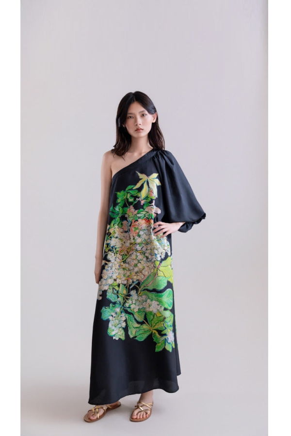 Psophia Hydrangea Brush One-Shoulder Asymmetric Silk Dress - Black