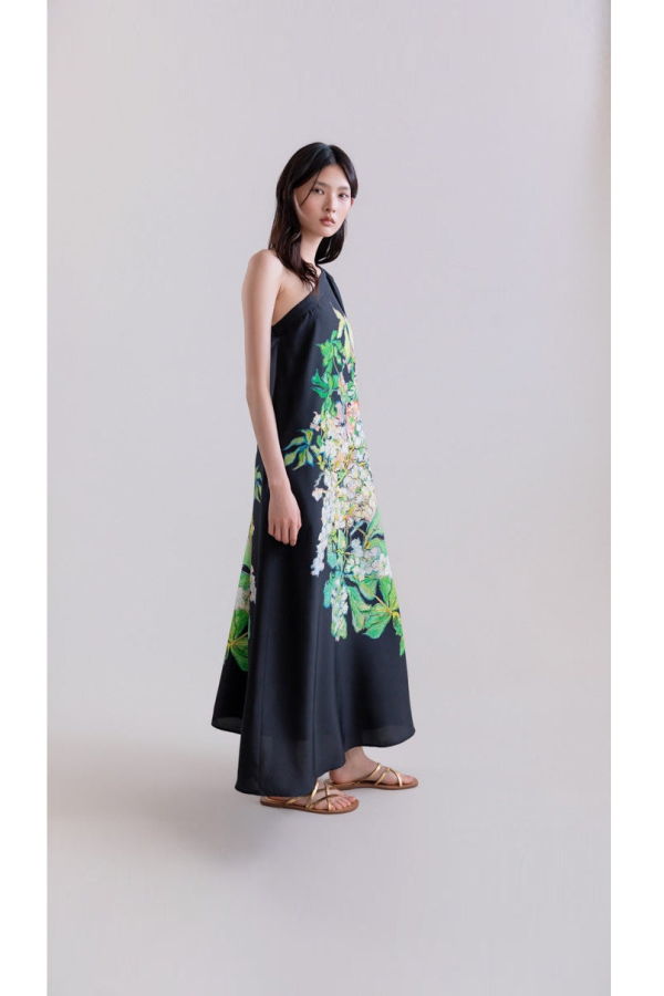 Psophia Hydrangea Brush One-Shoulder Asymmetric Silk Dress - Black