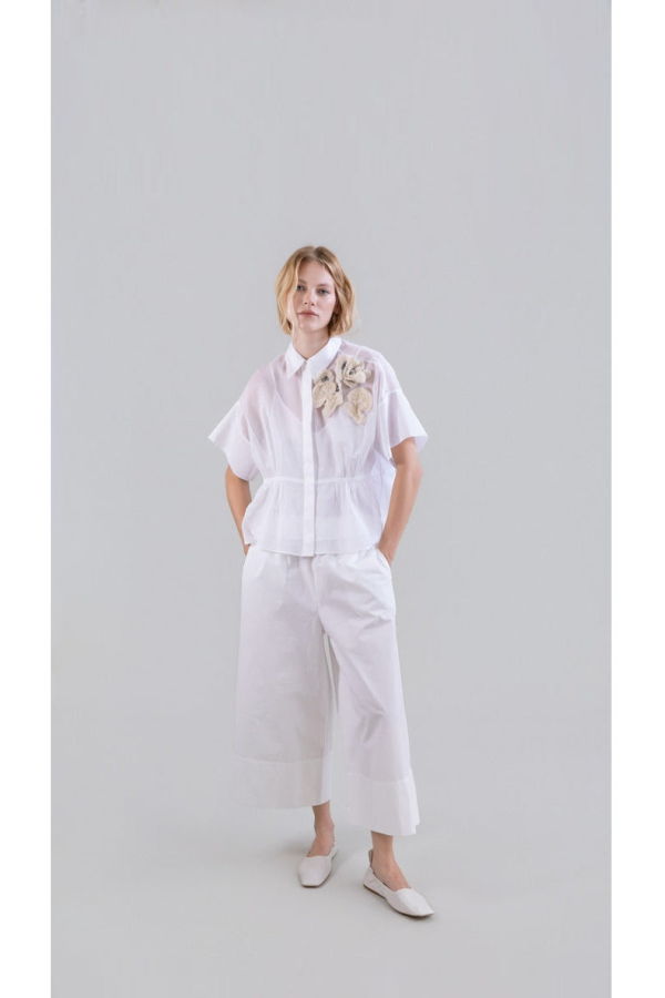 Psophia Light Blouse in Sheer Organza with Floral Appliqué and Drawstring Waist - White