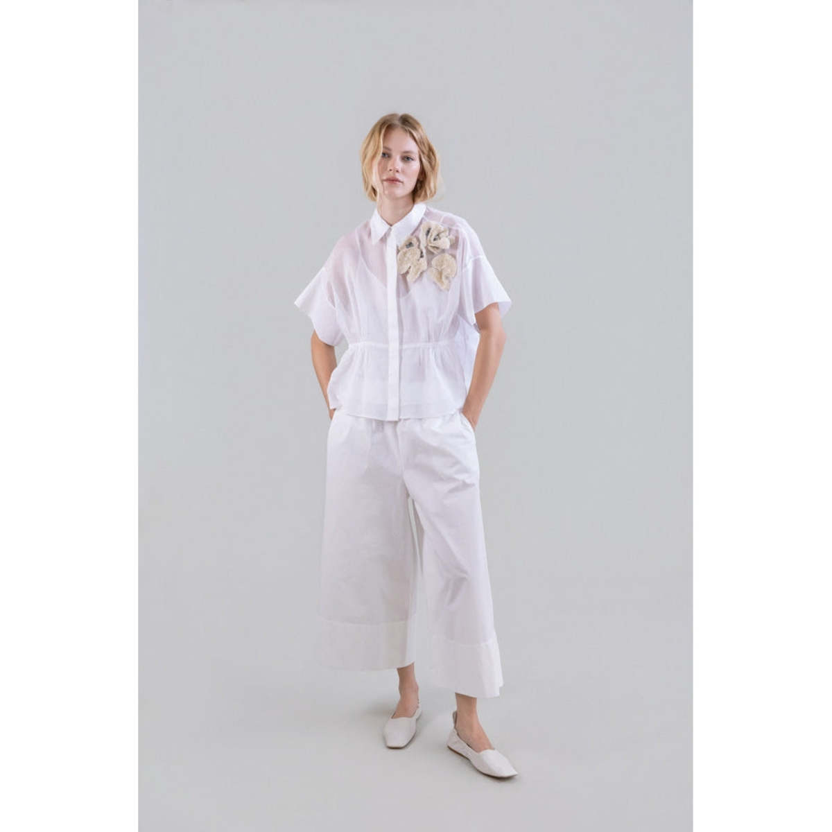 Psophia Light Blouse in Sheer Organza with Floral Appliqué and Drawstring Waist - White - Image 1 of 3