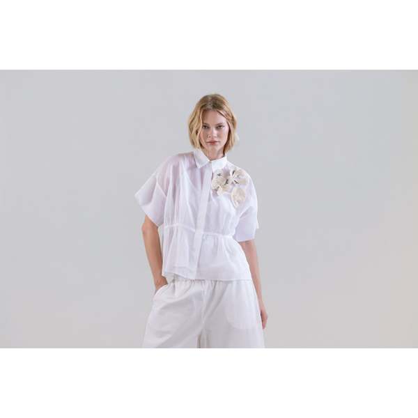 Psophia Light Blouse in Sheer Organza with Floral Appliqu and Drawstring Waist - White