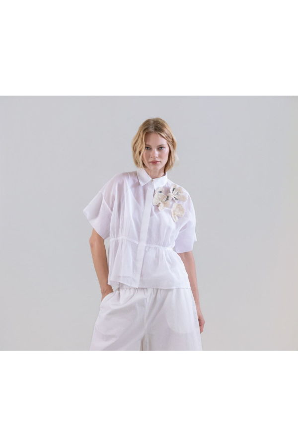 Psophia Light Blouse in Sheer Organza with Floral Appliqué and Drawstring Waist - White