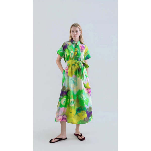 Psophia Long Shirt Dress With Bloomlight Print and Front Pintucks - Green
