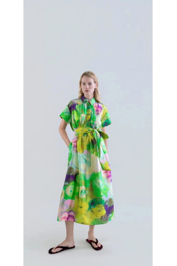 Psophia Long Shirt Dress With Bloomlight Print and Front Pintucks - Green