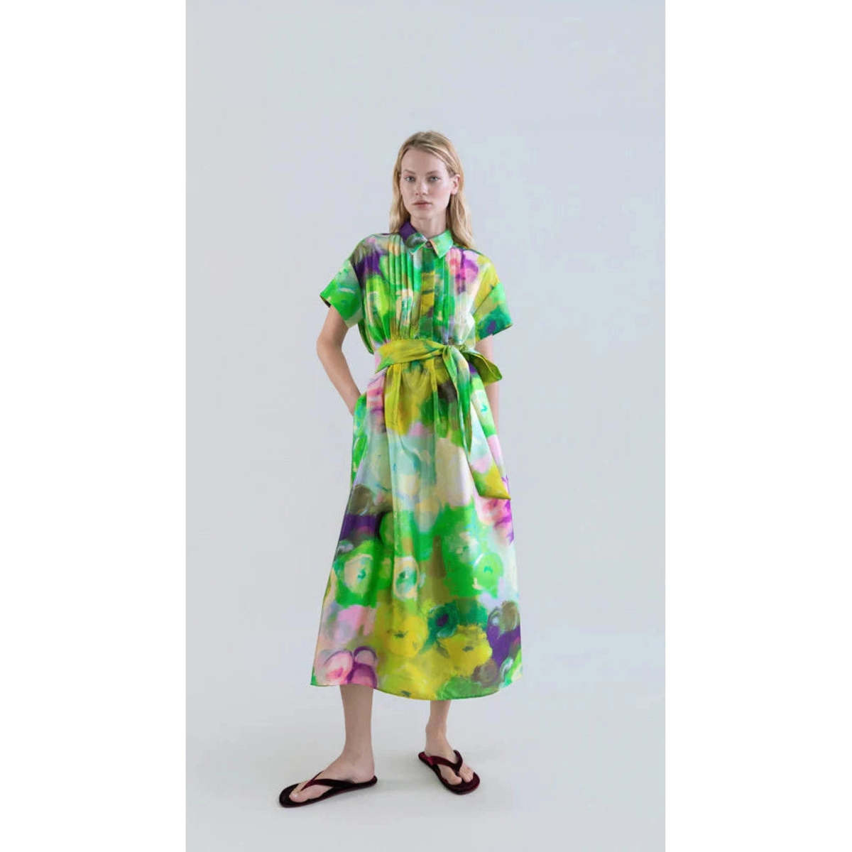 Psophia Long Shirt Dress With Bloomlight Print and Front Pintucks - Green - Image 1 of 4