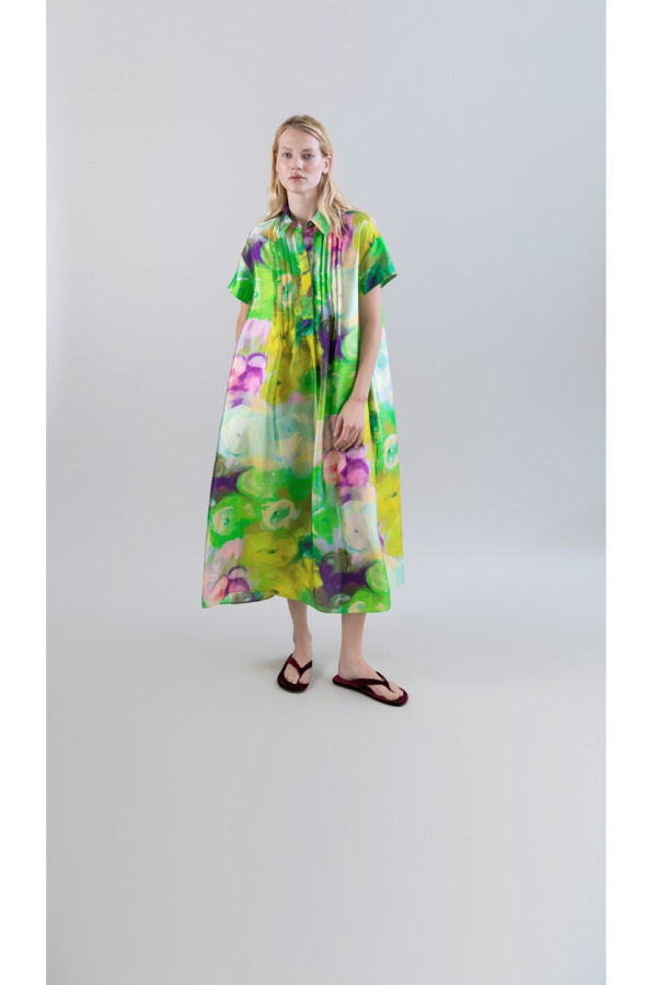 Psophia Long Shirt Dress With Bloomlight Print and Front Pintucks - Green