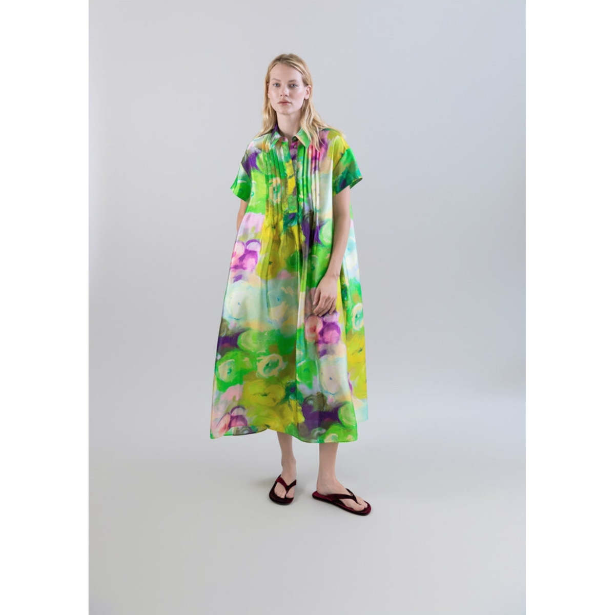 Psophia Long Shirt Dress With Bloomlight Print and Front Pintucks - Green - Image 2 of 4
