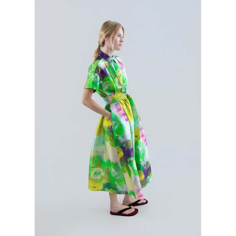 Psophia Long Shirt Dress With Bloomlight Print and Front Pintucks - Green