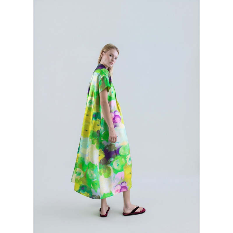 Psophia Long Shirt Dress With Bloomlight Print and Front Pintucks - Green