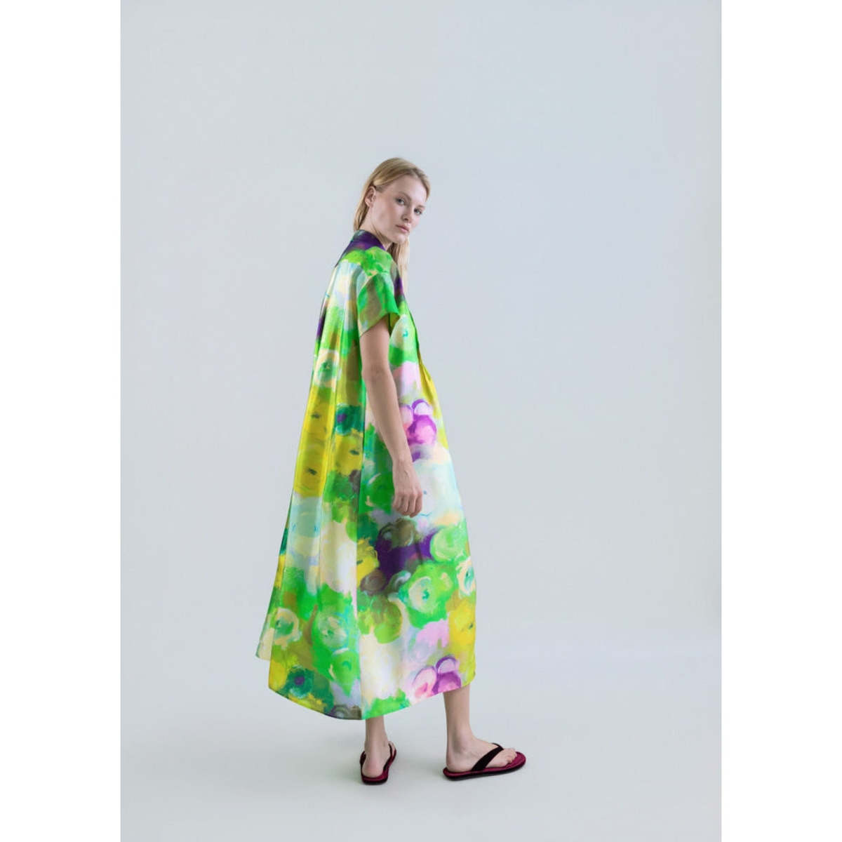 Psophia Long Shirt Dress With Bloomlight Print and Front Pintucks - Green - Image 4 of 4