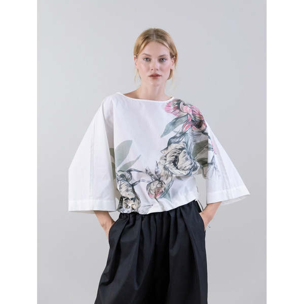 Psophia Muted Peony Study Oversized Drawstring Top - White