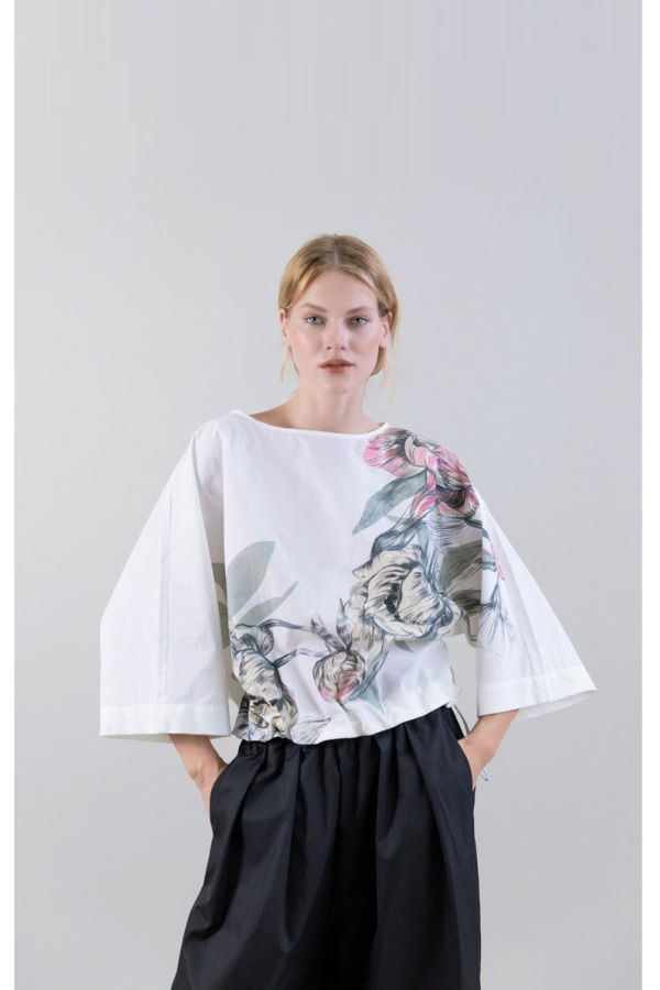 Psophia Muted Peony Study Oversized Drawstring Top - White