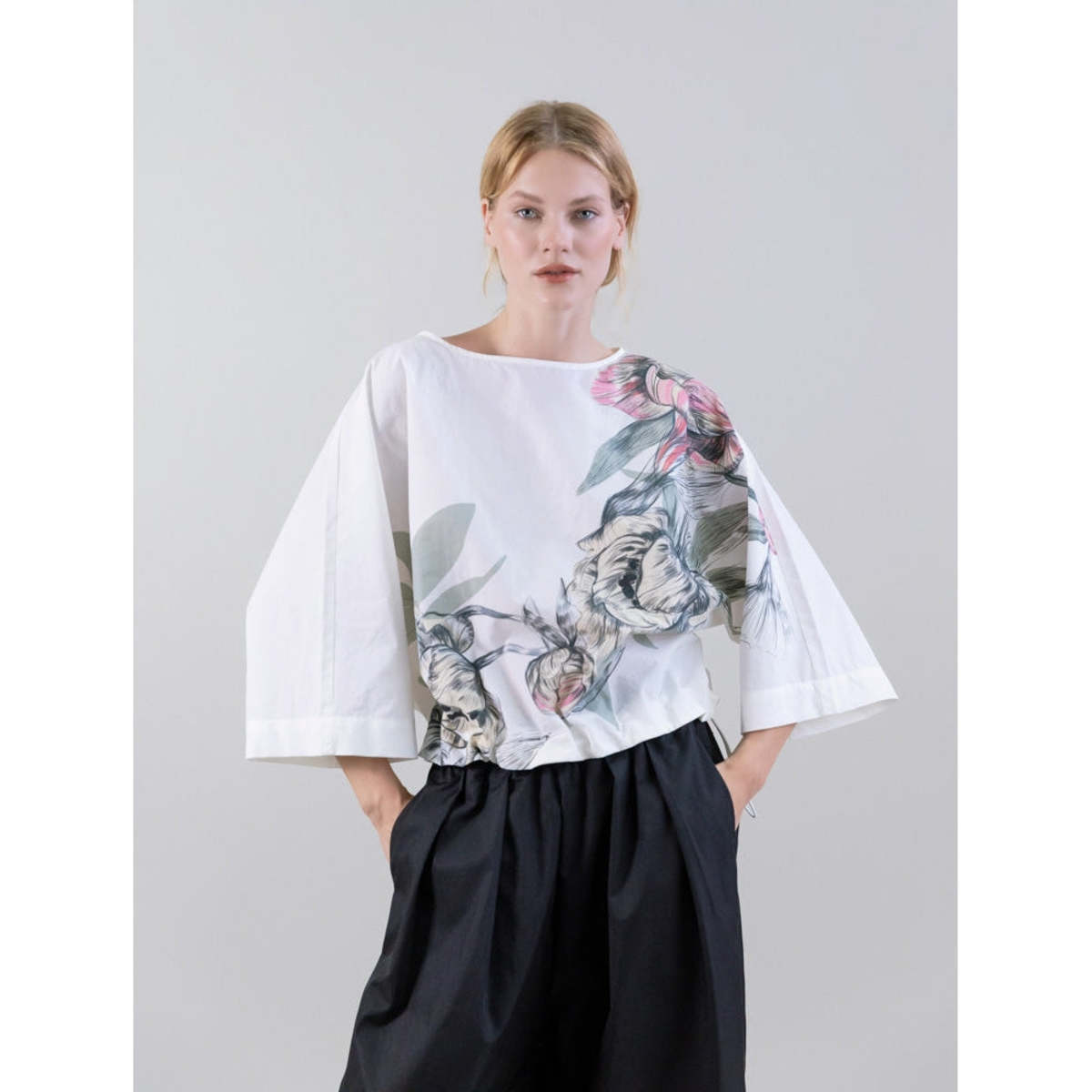 Psophia Muted Peony Study Oversized Drawstring Top - White - Image 1 of 3