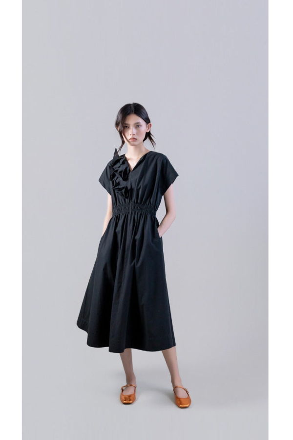 Psophia Cotton Midi Dress with Open V-Neck - Black