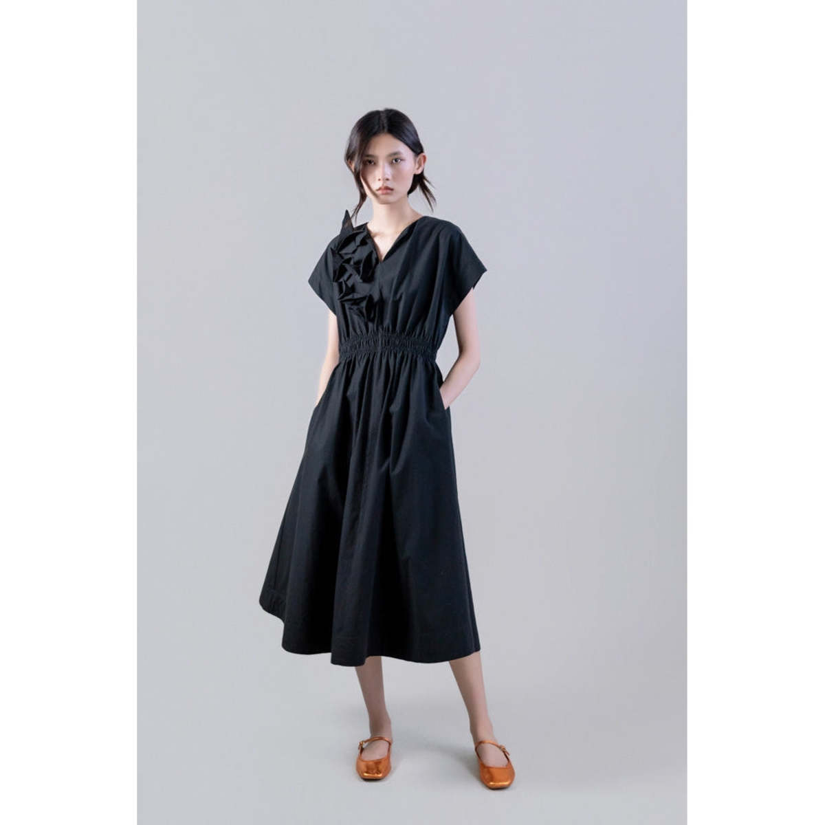 Psophia Cotton Midi Dress with Open V-Neck - Black - Image 1 of 3